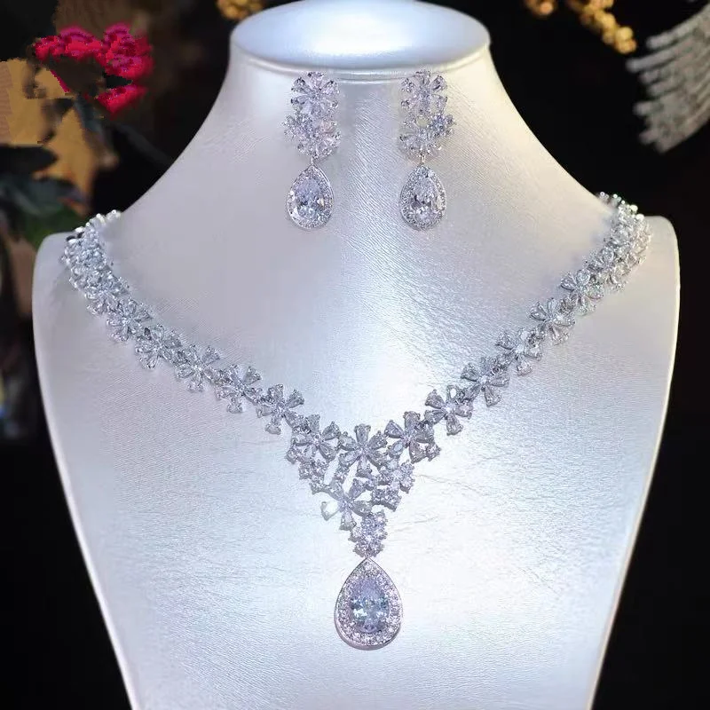 CC Wedding Jewelry For Women Necklace And Earring Set Shine White Zirconia Gemstone Engagement Party Accessories