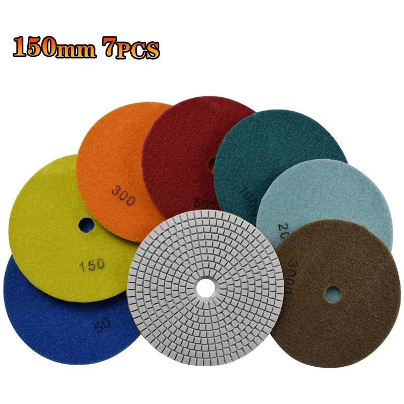 

150mm Diamond Polishing Pad Wet Sandpaper Tool 6" for Grinding Concrete Stone Marble Granite Countertop Pack of 7 Pcs