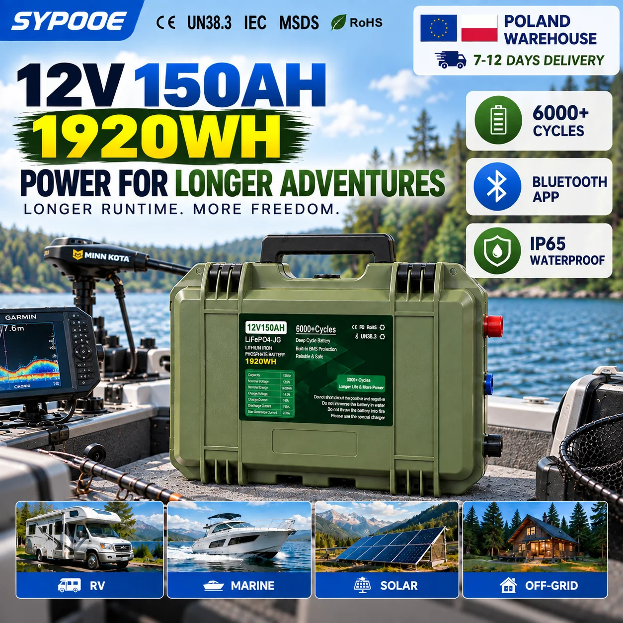12V LiFePO4 Battery 150Ah 100Ah 50Ah 1920WH Lithium Bluetooth BMS Waterproof Trolling Motor Solar Fishing Kayak Marine Camping