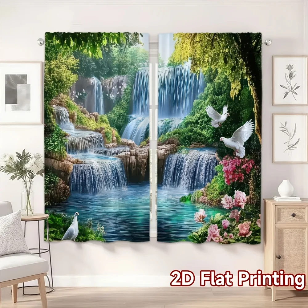 2PCS Digital Print Curtains, Forest Waterfall Scenery, Nature Landscape