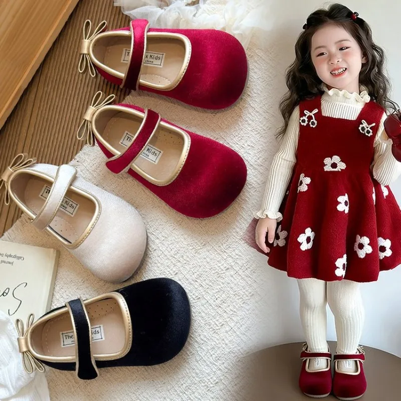 Girls Mary Jane Shoes Cute Bow Velvet Princess Dress Shoes Soft Sole Kids Flat Casual Toddler Baby Loafers