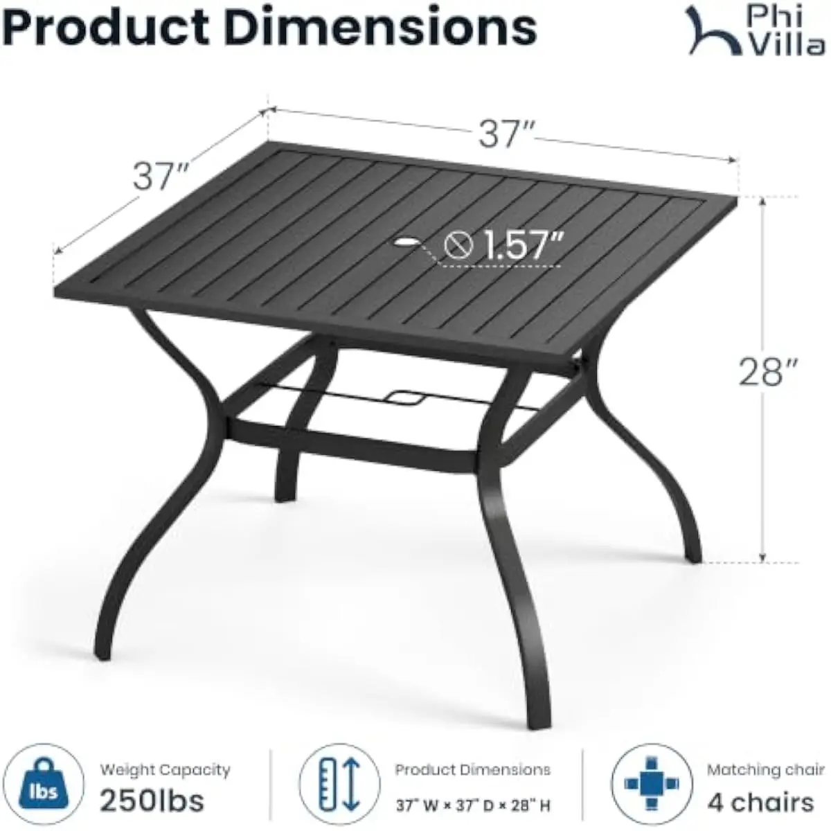Outdoor Dining Table with Integrated Umbrella Opening Black Powder Coated Metal Frame Weather Resistant Rust Proof Square Design