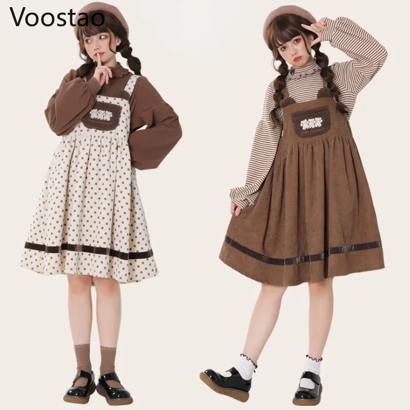 Autumn Winter Girls Vintage Sweet Lolita Jsk Dress Women Cute Bear Embroidery Plush Pocket Loose Corduroy Party Strap Dresses