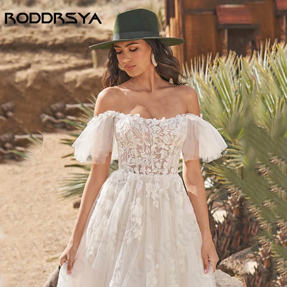 RODDRSYA Vintage Off Shoulder Wedding Dresses Boho Vestido De Novia Tulle A Line Boat Neck Beach Appliques Lace Bridal Gowns