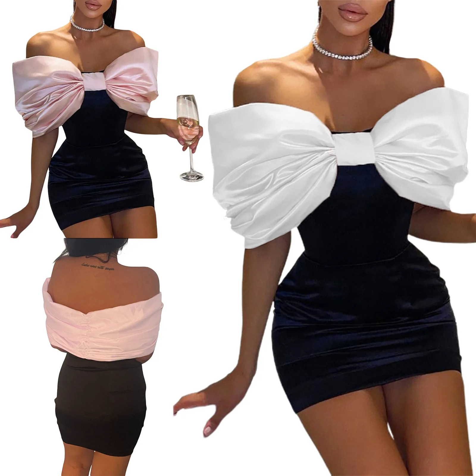 

Women Elegant Bow Off-the-shoulder Satin Mini Dress Ladies Sexy Backless Slash Neck Slim Dresses Female Chic Club Party Vestidos