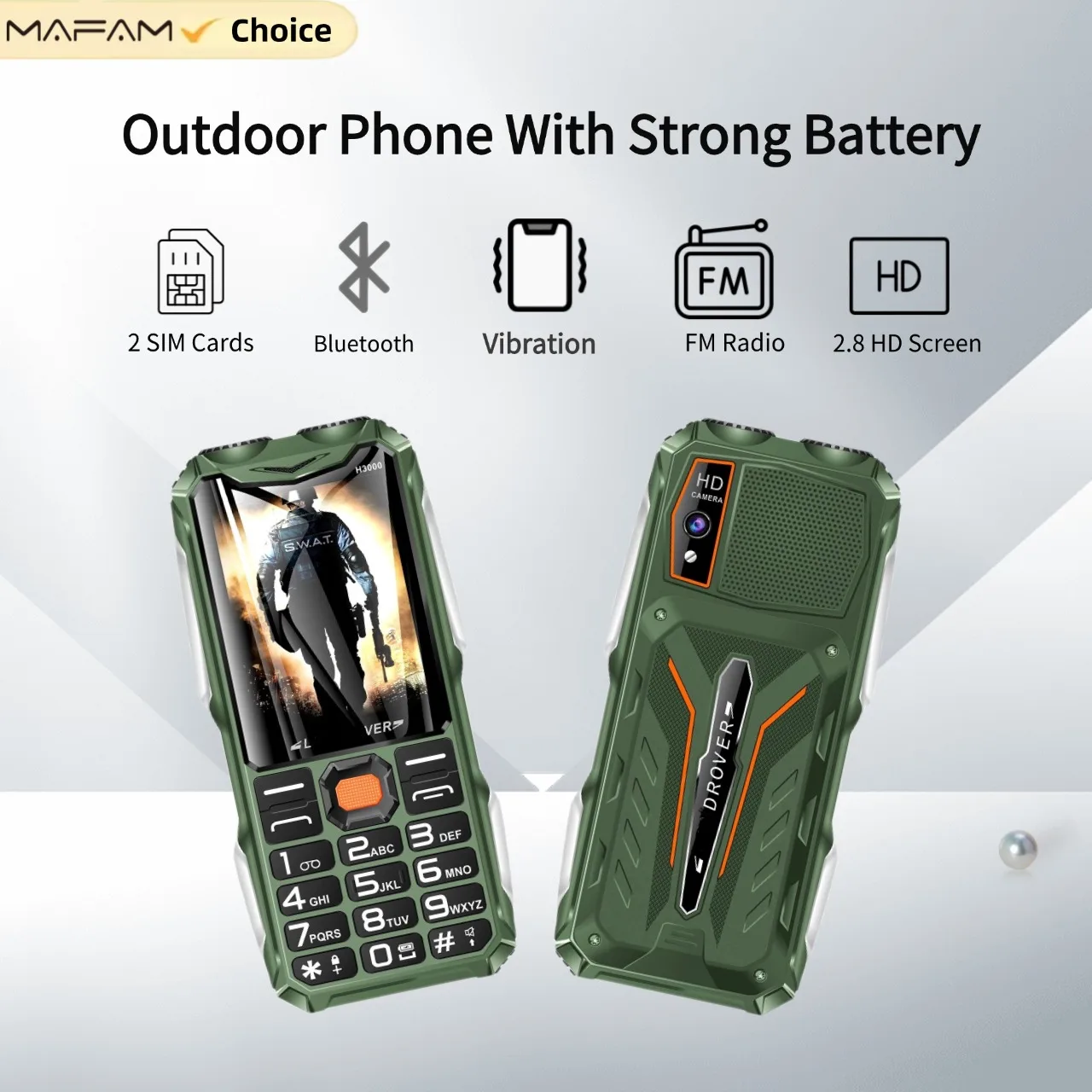 MAFAM H3000 Outdoor Phone For Adults GSM 2G Bluetooth Dual SIM Long Battery 2.8Inch VibrationDisplay Strong Torch Durable Phone