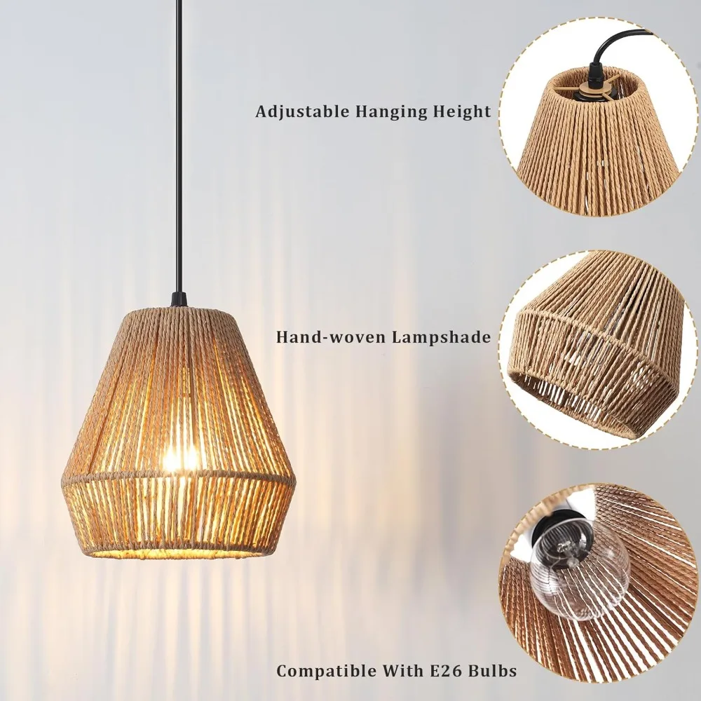 

Rustic Woven Pendant Light Kitchen Island Boho Hanging Lamp Fixture with Hand-Woven Rattan Shade for Bedroom Dining Room Hallway