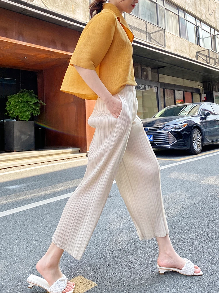 Spring Summer Autumn Women Casual Elegant Ladies Miyake Designer Loose Straight Pleated Pants High Waist Trousers In Stock