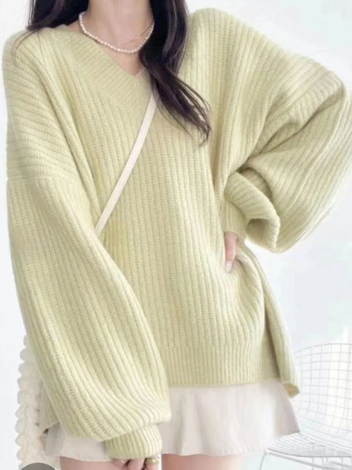 

Loose Casual Women's Knitwear V-ne Lantern Sve Sweater Candy Color Autumn Winter Faion Sweet Sle Long Sve Top