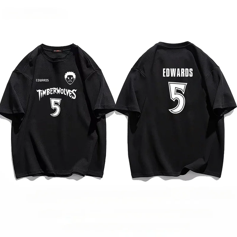 Basketball Star Timberwolves NO.5  Edwards Training Wear Cotton T-shirt Men T-shirt Tops Oversize Short Sleeve High Quality