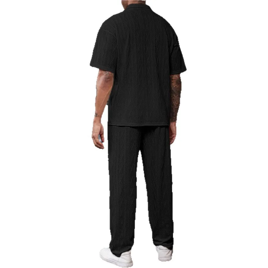 New men's suit, button-down lapel jacquard short-sleeved top, pocket drawstring summer casual trousers