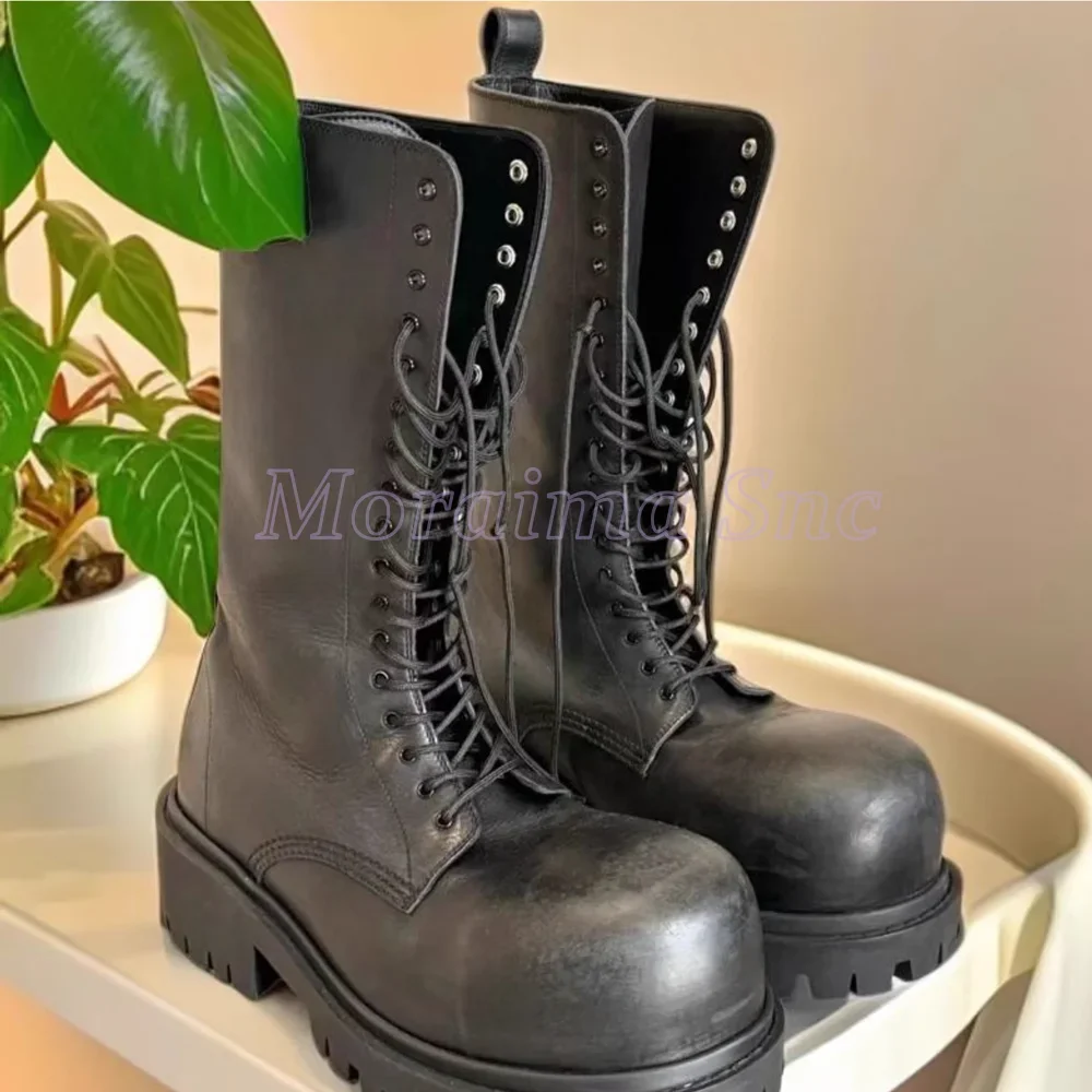 

Big Round Toe Lace-up Mid Calf Boots Block Chunky Heel Thick Sole Fashion Women's Short Boots 2025 Spring Autumn Black Solid New
