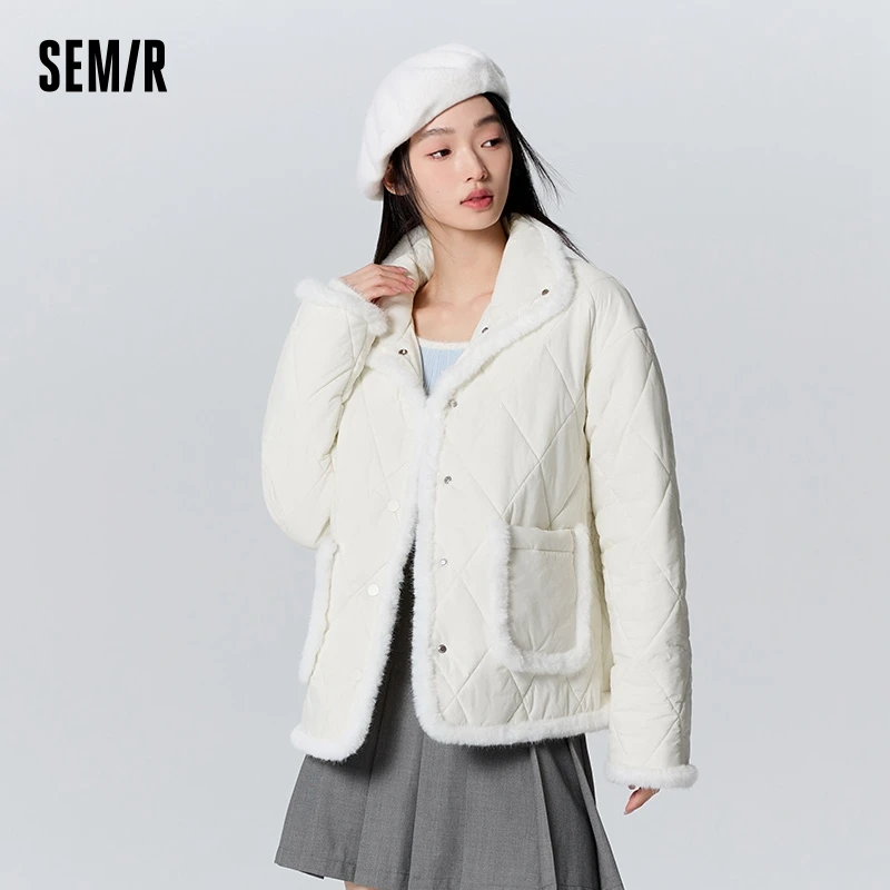 Semir Cotton Coat Women Textured Stand-Up Collar Temperament 2023 New Winter Fashion Raw Edge Gentle Rhombus Jacket