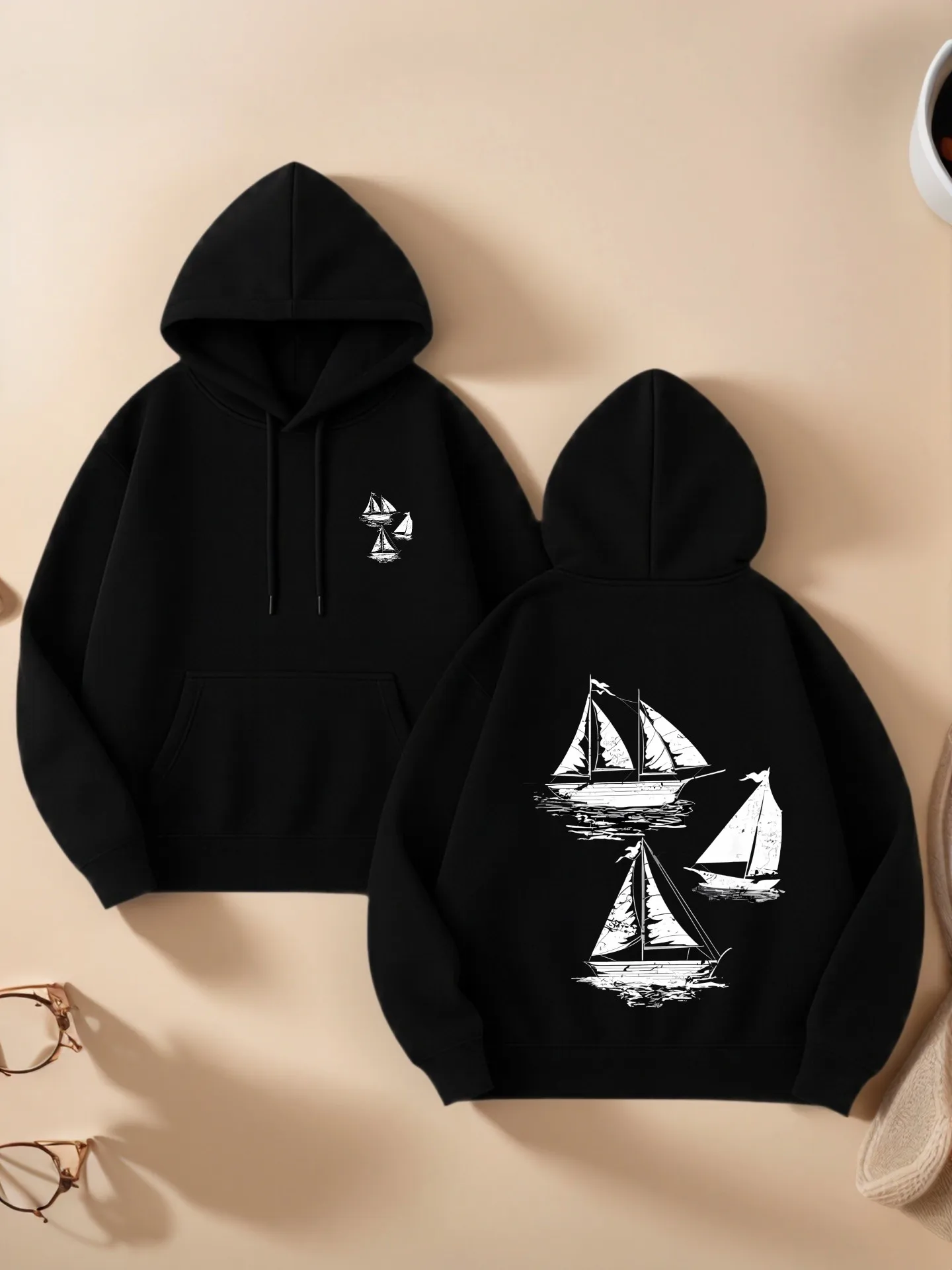 

Sailboat Graphic Print, Casual Aesthetic, Soft Fabric Essential Hoodie for Young Men, Casual Everyday Wear