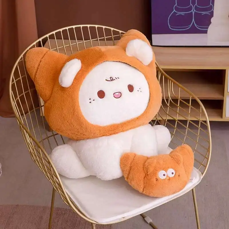 Almohada de felpa de pan Croissant de gato Kawaii, muñeco de peluche de comida bonita, oso Croissant divertido y suave, juguete para regalo de animales de peluche