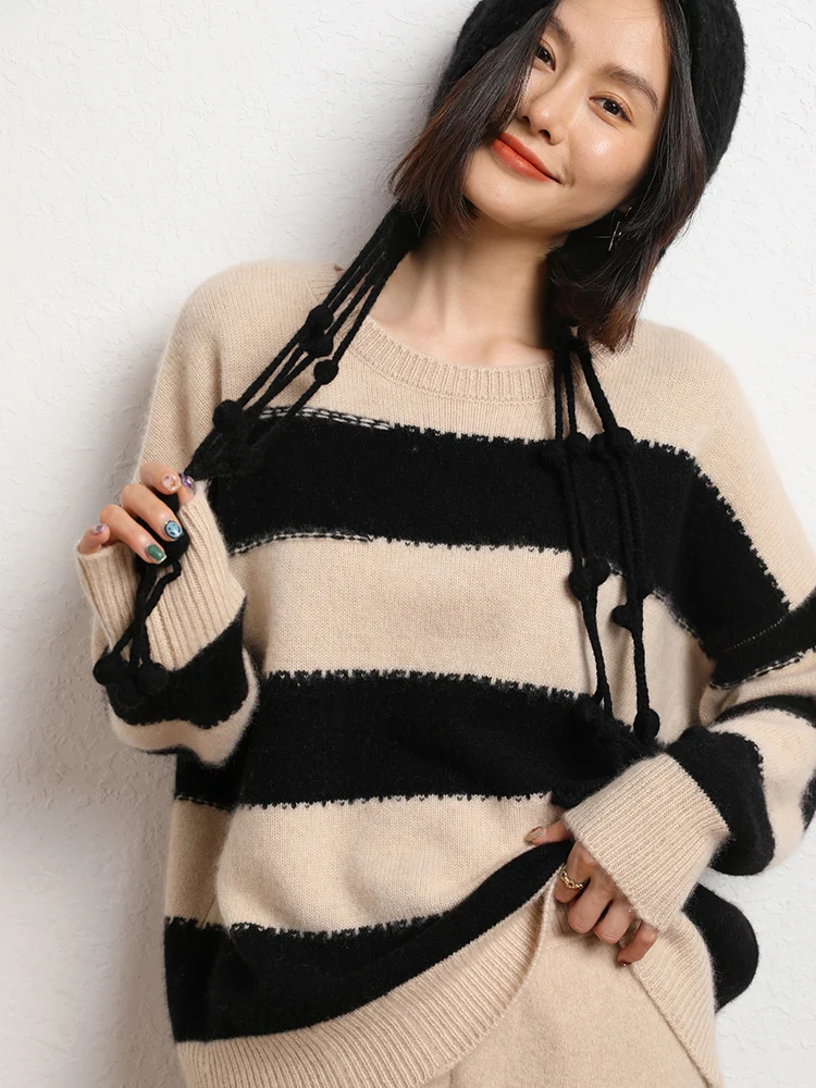 

TLOML New Women's 100% Cashmere Sweater Striped O-Neck Pullover Autumn Winter Thick Soft Warm Cashmere Knitwear High Quality Top