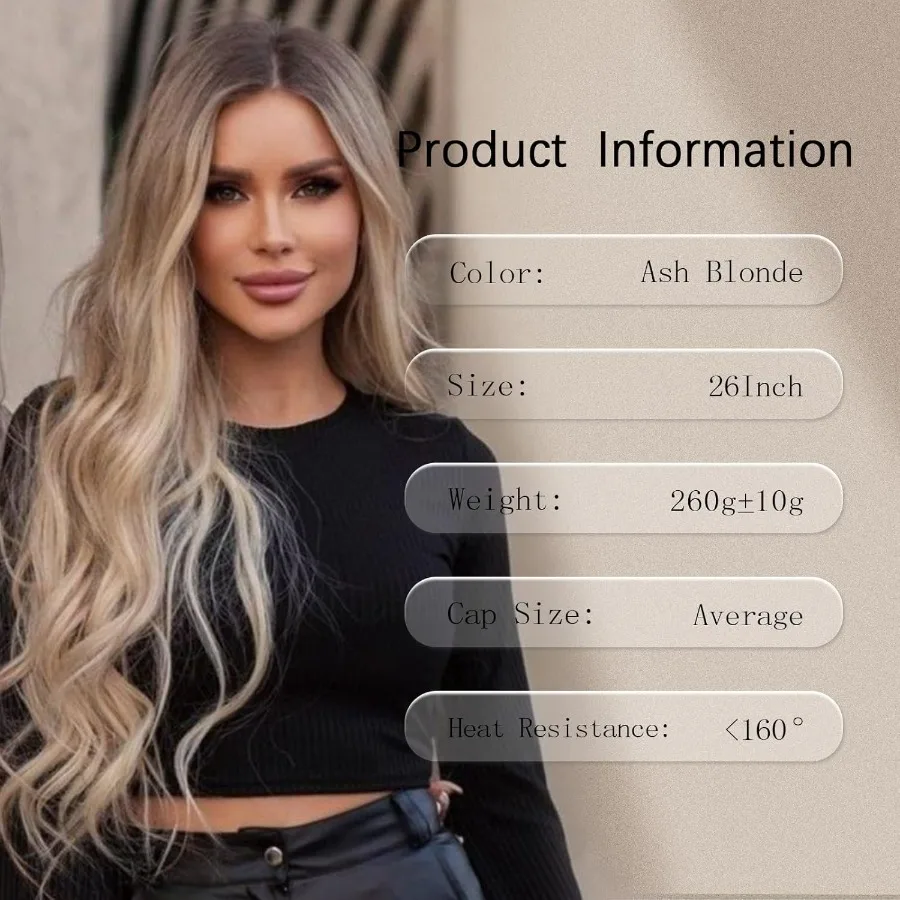 Long Ash Blonde Wavy Wig for Women 26 Inch Middle Part Curly Wavy Wig Natural Looking Synthetic Heat Resistant Fiber Wig for Da