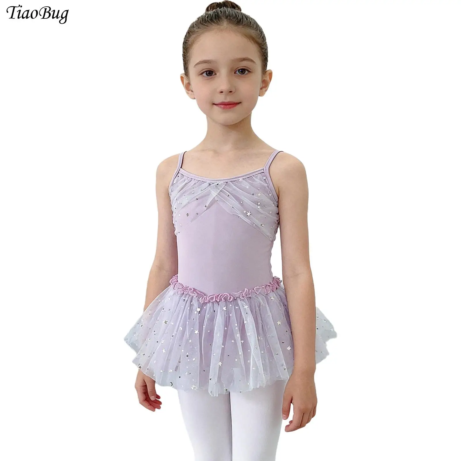 

Kids Girls Gymnastics Dance Dress Costume Spaghetti-strap Ruched Bodice Sequin Tulle Dress for Ballet Dance Daily Class Training