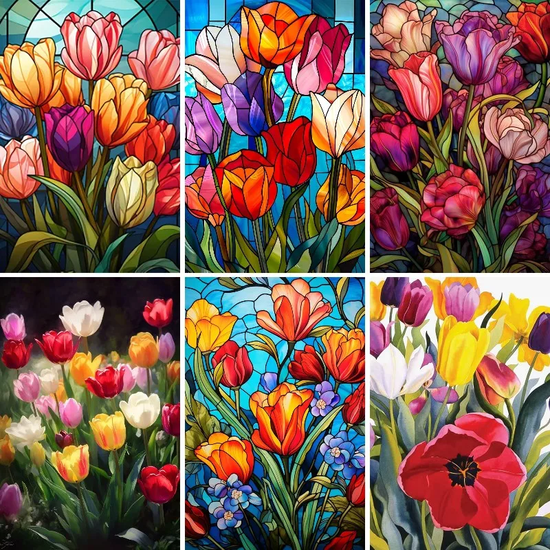 Stained Glass Tulips Diamond Art Painting Kits,Flower 5D Diamonds Painting,Colorful Floral Wall Art,DIY Crafts Gift for Mom