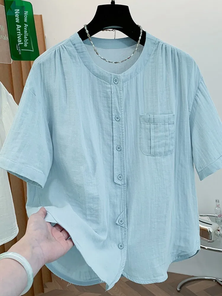 

Minimalist Art Pure Cotton Short Sleeve Women's Summer Loose Slimming Casual Versatile Open Cardigan Shirt Home Wear round Neck