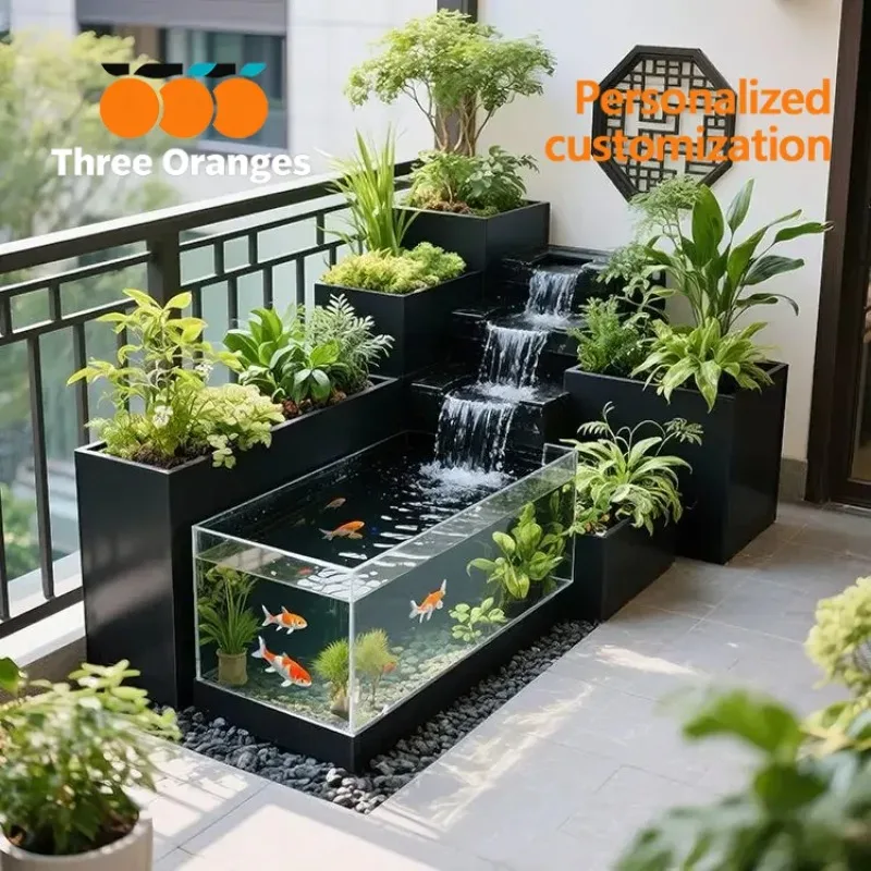 Creative flowing water fish tank flower box metal acrylic patio circulating fish pond stainless steel courtyard combination