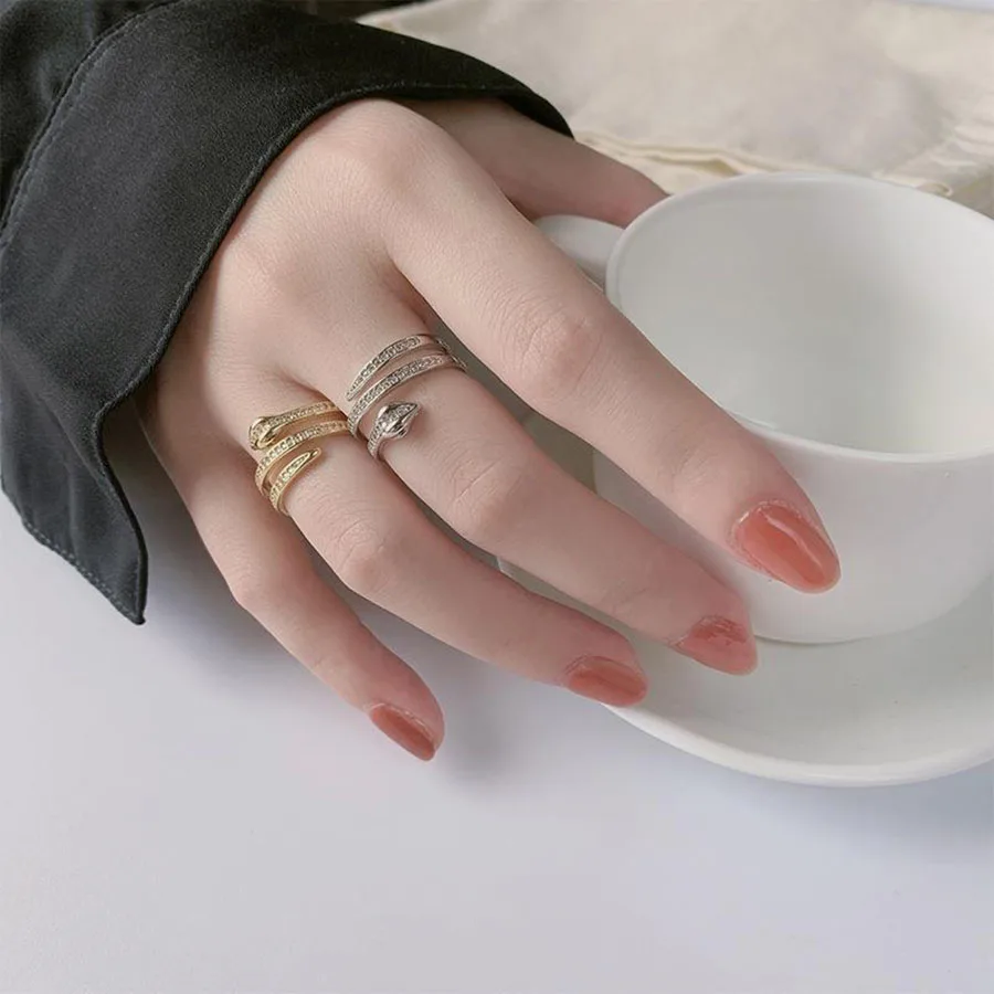 Simple Golden Silver Color Snake Rings for Women Girls Inlaid Rhinestone Popular Accessories Jewelry Gifts