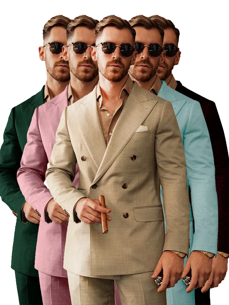 

New Casual Linen Tuxedo Suits for Men 2 Pieces Blazer and Pants Set Notched Lapel Men's Suit for Wedding Summer Beach Prom Party