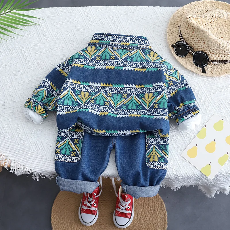 Spring Autumn Children Baby Boys 3PCS Clothes Set Printed Shirts Geometric Patterns Denim Coat Jeans Suit Toddler Boys Outfits