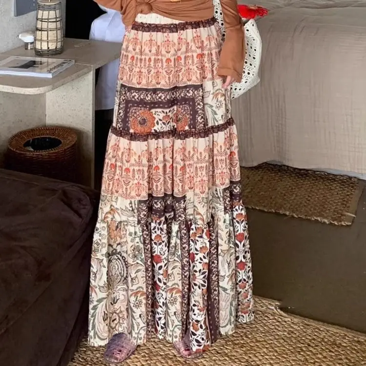 Korejpaa boêmio midi saia feminina outono nova cintura alta emagrecimento saias elásticas suave estilo de férias elegante faldas largas