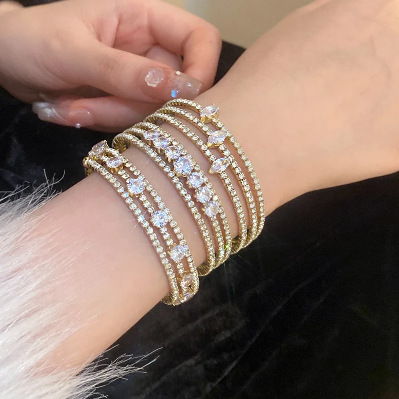 Colorful Rhinestone Bracelets Bangle Gold Color Irregular Multi-layer Bracelet For Women Light Luxury Wedding Wristband Jewelry