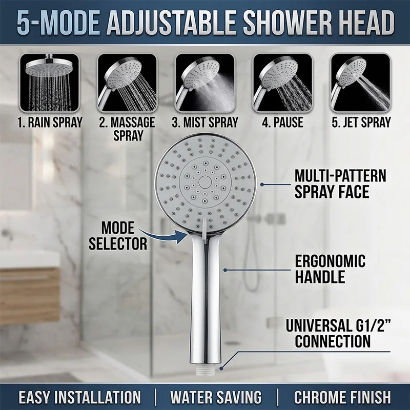 

5-Mode Adjustable High Pressure Shower Head Chrome Finish Handheld Water Saving Rainfall Spray Nozzle Bathroom Accessories G1/2