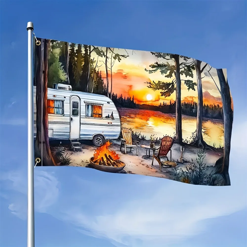 Sunset Camper RV Camping Scene Polyester Garden Flag Outdoor Decoration