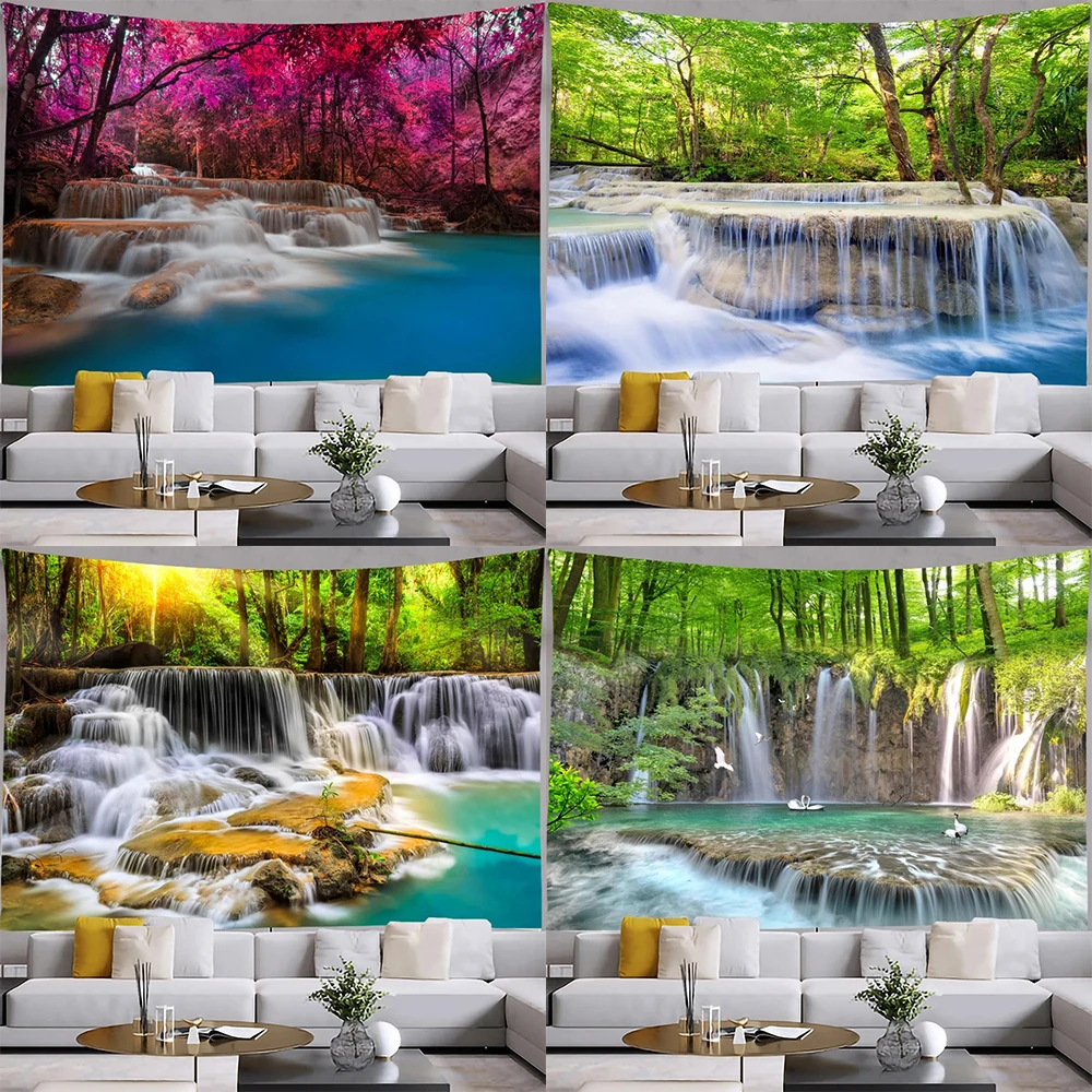 Forest waterfall tapestry bohemian style home decoration landscape hanging cloth bedroom living room wall cloth background cloth