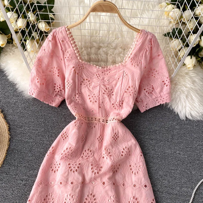 Elegant Hollow Out White Mini Dress Women Summer Square Collar Short Sleeve Vintage Vestidos Ladies Ruffle Robe Femme 2022 New