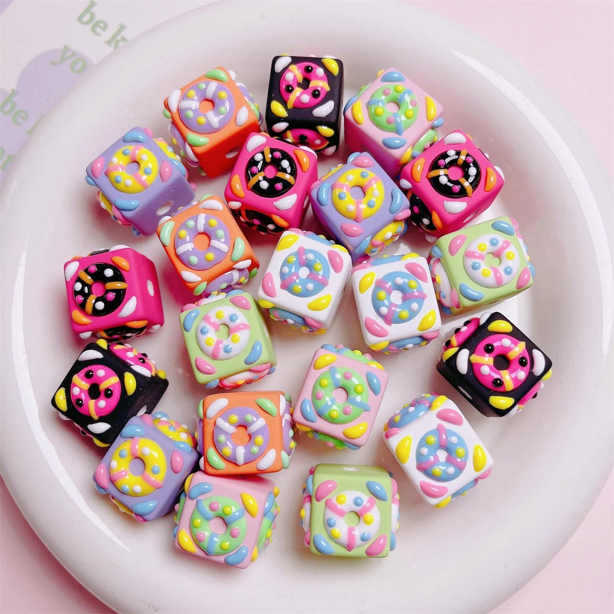 Cute Acrylic Hand-painted Square Donut Beads DIY Handmade Mobile Phone Chain Accessories Bracelet Necklace Pen Beads Material