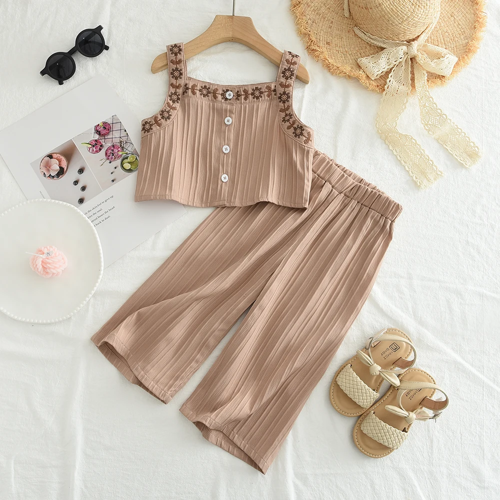 Summer Leisure Countryside Style Flower Embroidery Square Neck Vest+wide Leg Pants Two-piece Set Korean Version
