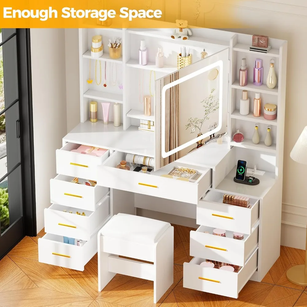 White Large Vanity Desk, Light Mirror & Power Outlet, 8 Drawers & 7 Shelves Makeup Table, Custom