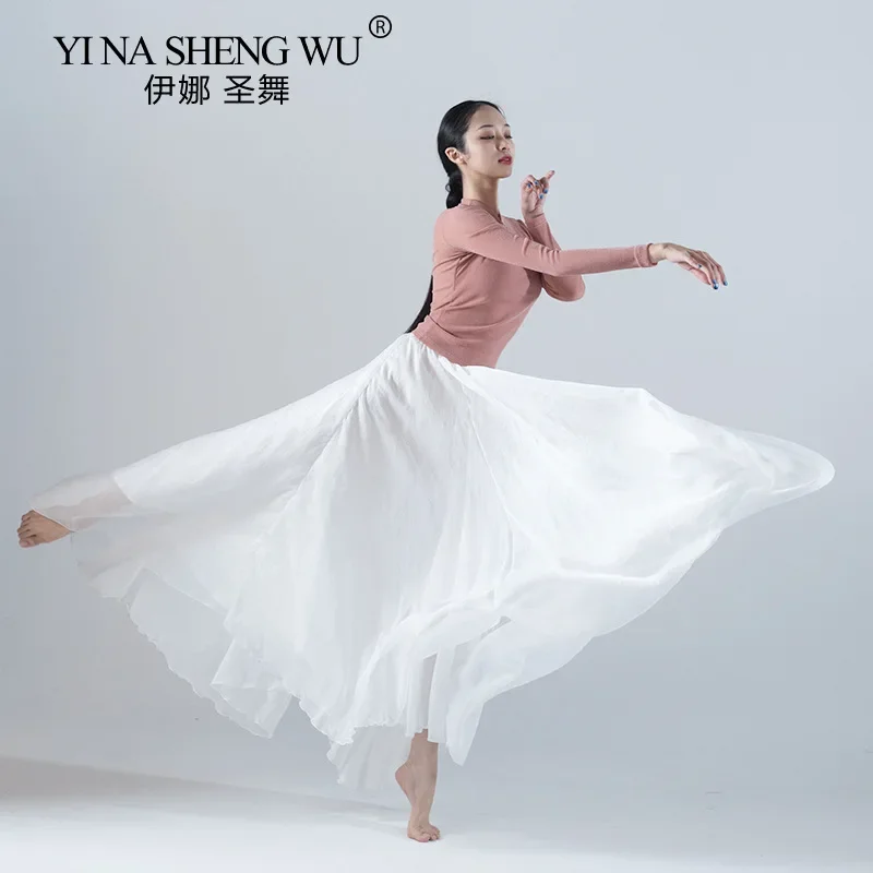 Colletto rialzato Top vuoto Gonna grande bianca Abbigliamento da danza classica Abbigliamento da donna per prestazioni professionali Top a maniche lunghe