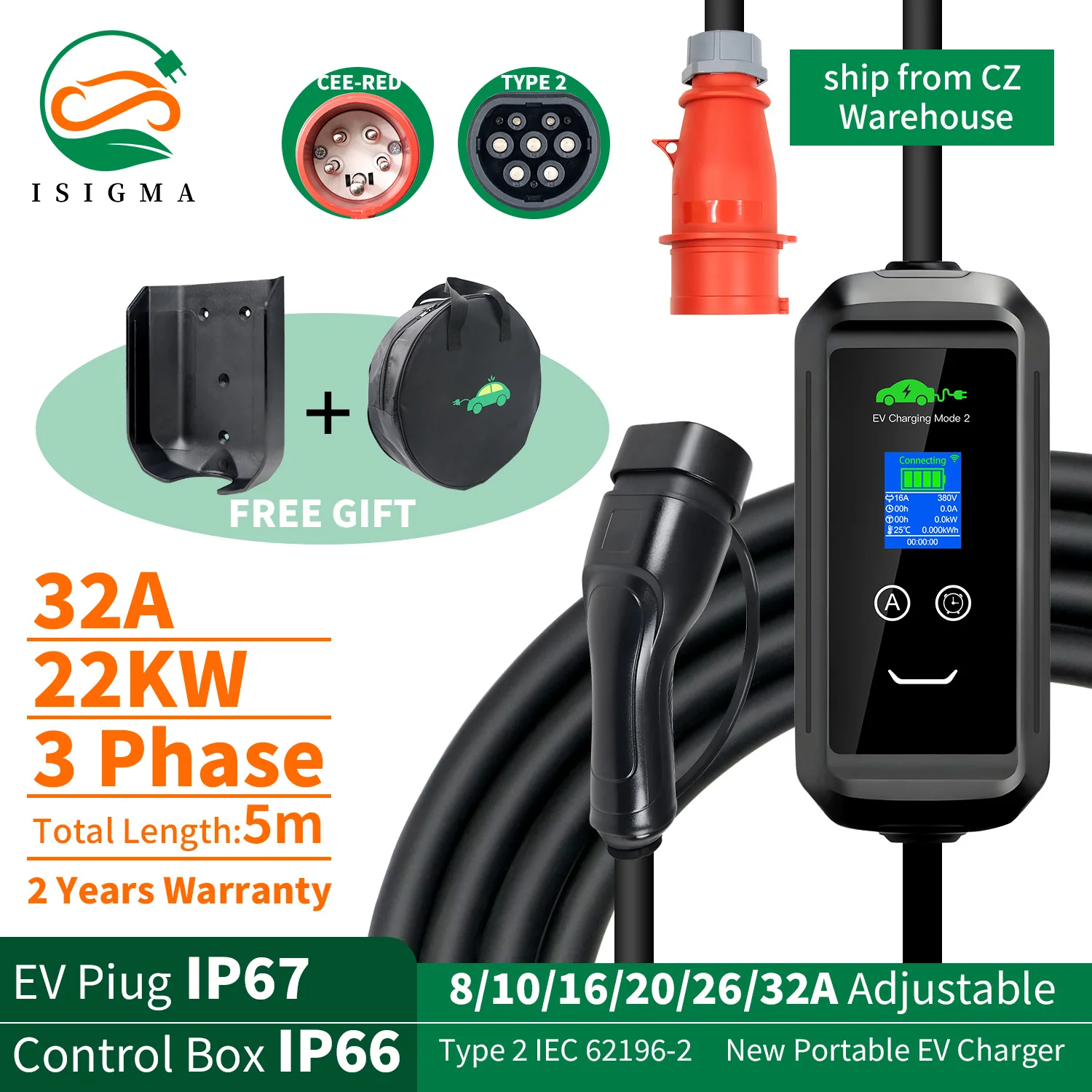 ISIGMA 32A 22kw Typ2 Tragbares EV-Ladegerät IEC 62196-2 Tuya APP Timer EVSE Lade Type2 Stecker Wallbox Elektroauto 5M Kabel