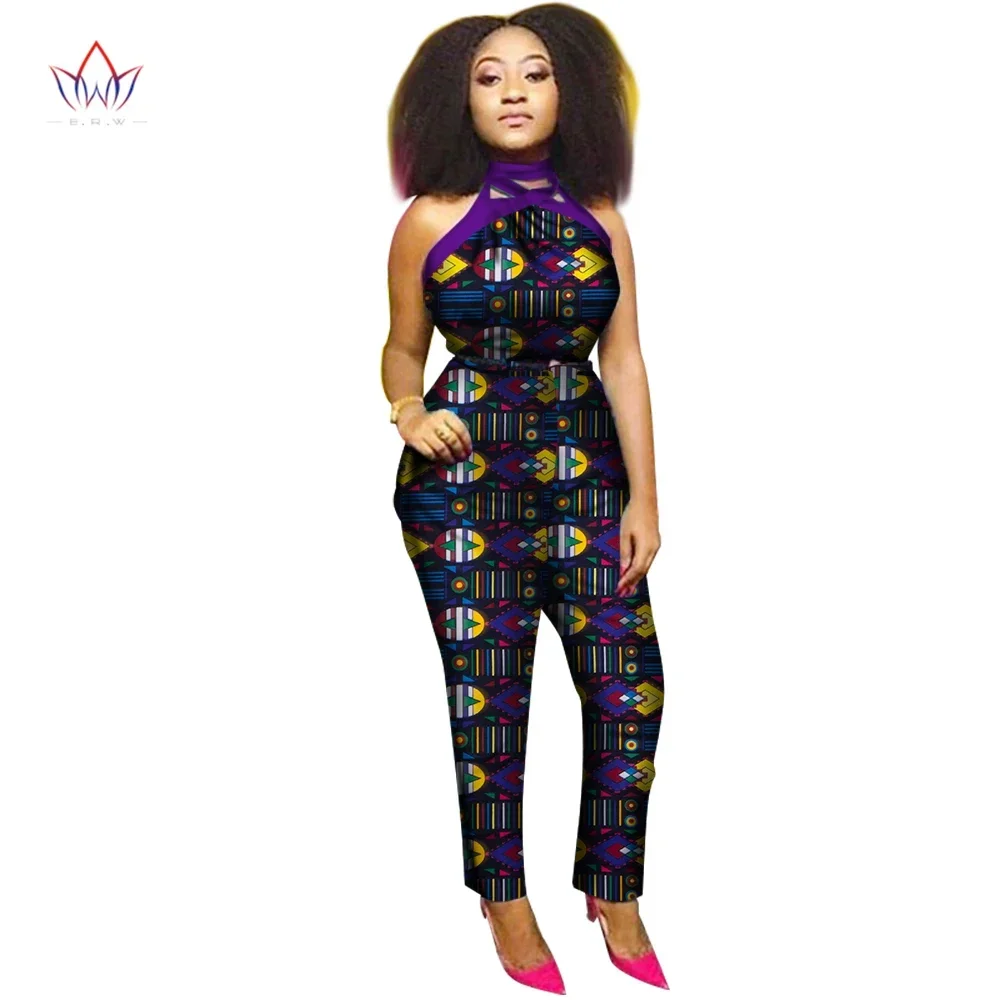 Bintarealwax Africa Cotton Wax Print Romper Women Bazin Riche Sexy Sleeveless Long Pants Dashiki Jumpsuit WY1998