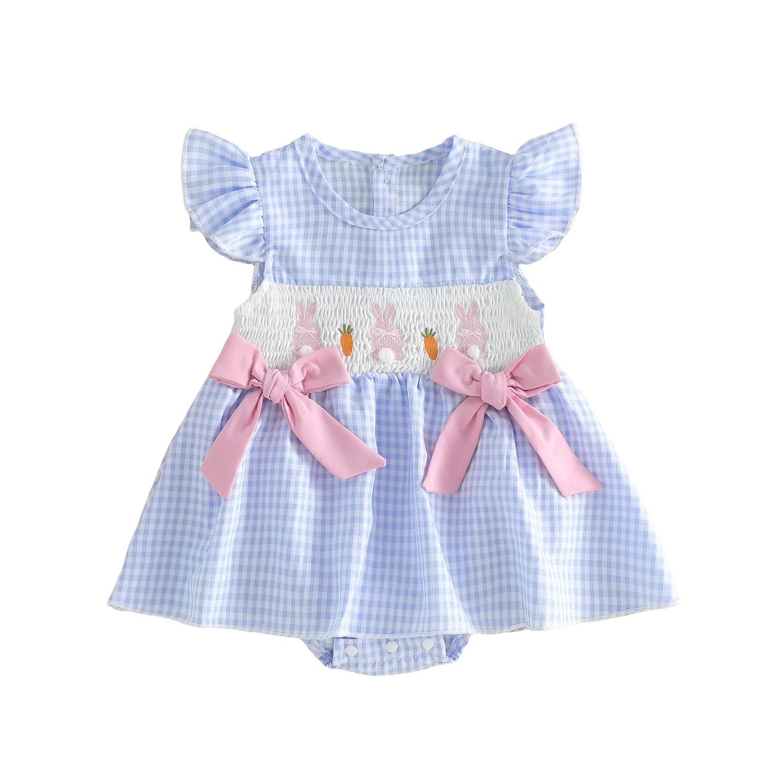 Baby Girls Easter Romper Dress A Line Letter Cross Embroidered Plaid Bows Smocked Flying Sleeve Newborn Jumpsuit