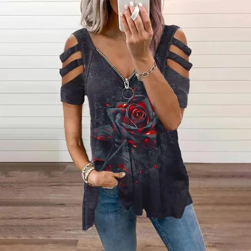Imagen 2 del producto Jersey de manga corta con estampado de ala de Ángel para mujer, Camiseta holgada informal con cremallera y cuello de pico, Estilo Vintage, novedad de otoño, 2024