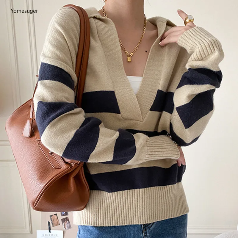 

Yomesugar 2025 Autumn Women's Striped Sweater Casual V-Neck Long Sleeve Oversized Knitwear Loose Pullover Tops Y2k Streetwear