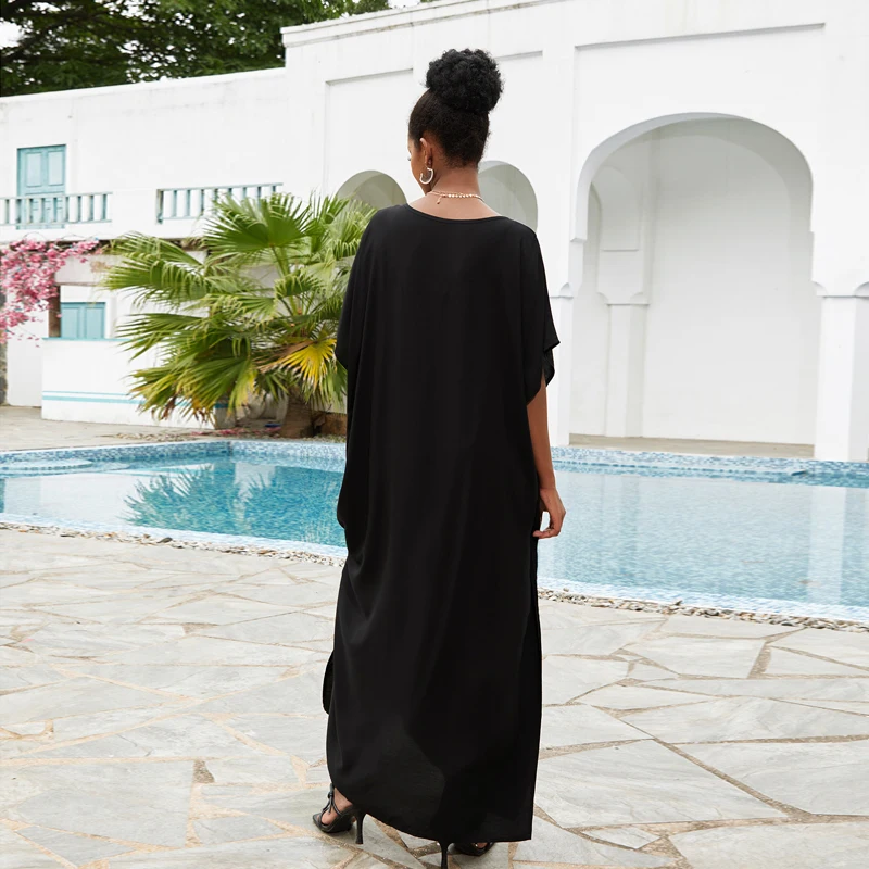 Gaun hitam wanita Kaftan bordir mewah bertali kerah V Kaftan Kaftan bunga indah Boho Vibe Dubai MaxiDress Resortwear tunik panjang