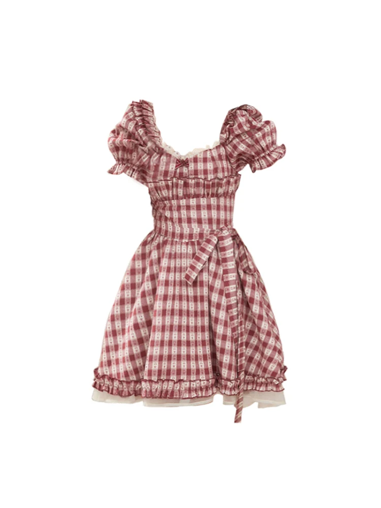 

Kawaii Mori Girl Checkerboard Plaid Square Collar For Women Sweet Bow Casual One-Piece Garment Horn Sleeve Ball Gown Office Lady