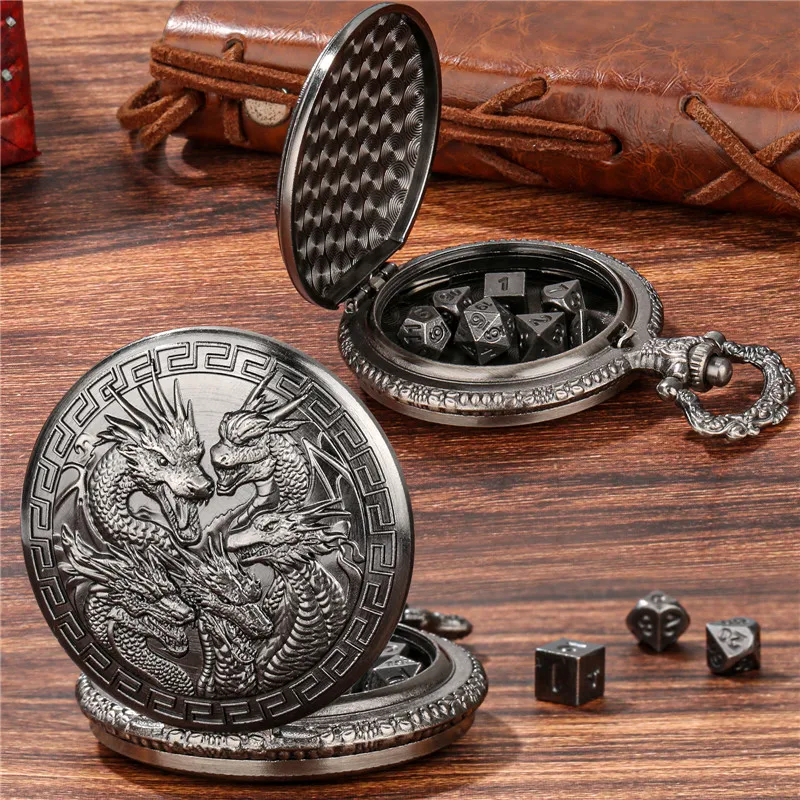 7pcs Mini Metal Polyhedral Dice Set Accessory for Table Role Play Gaming Antique Five Dragon Head Pocket Watch Case Fob Chain