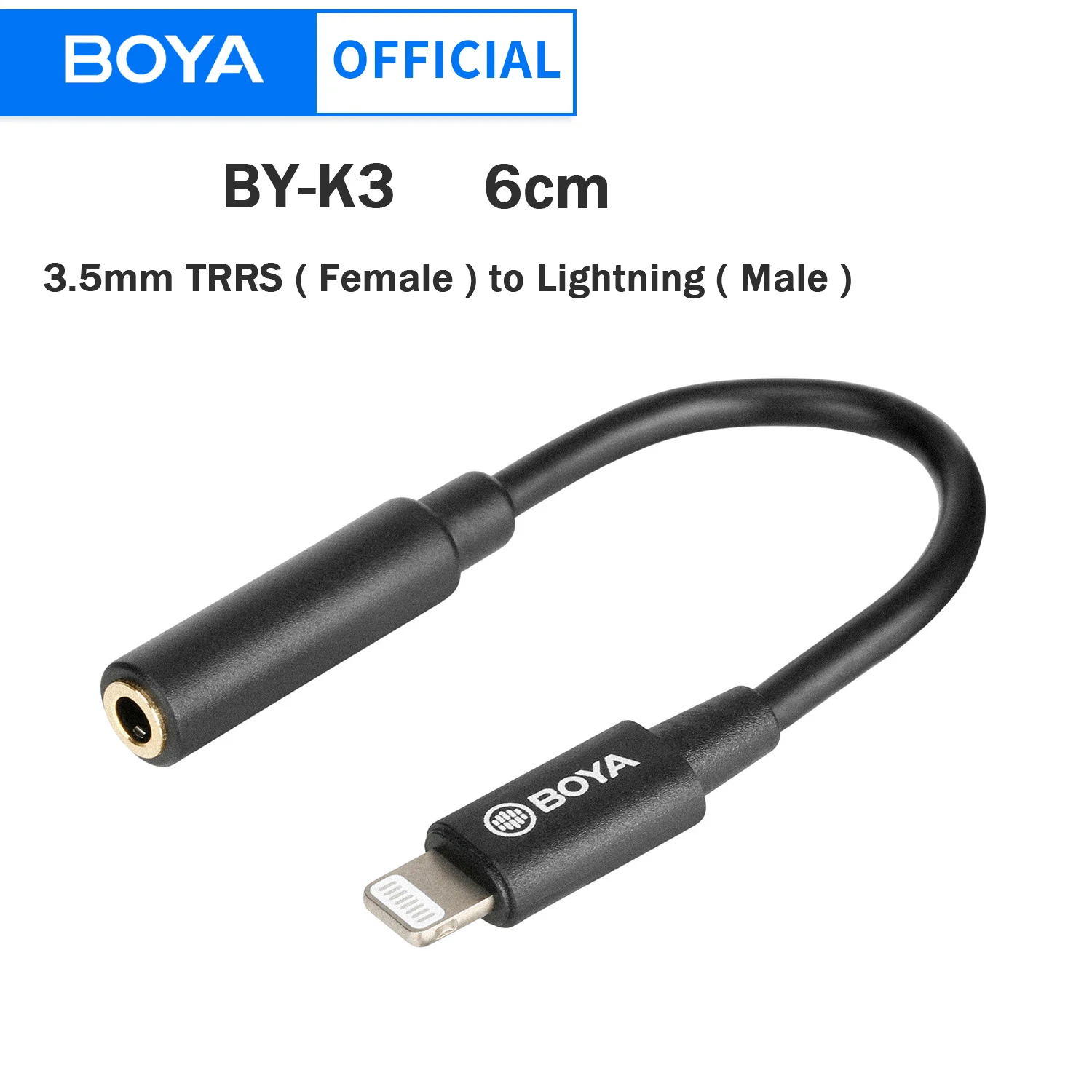 BOYA BY-K3 Audio Adapter Cable 3.5mm TRRS Female to Apple MFi Certified Lightning for iPhone iPad iPod touch iOS Devices  6cm