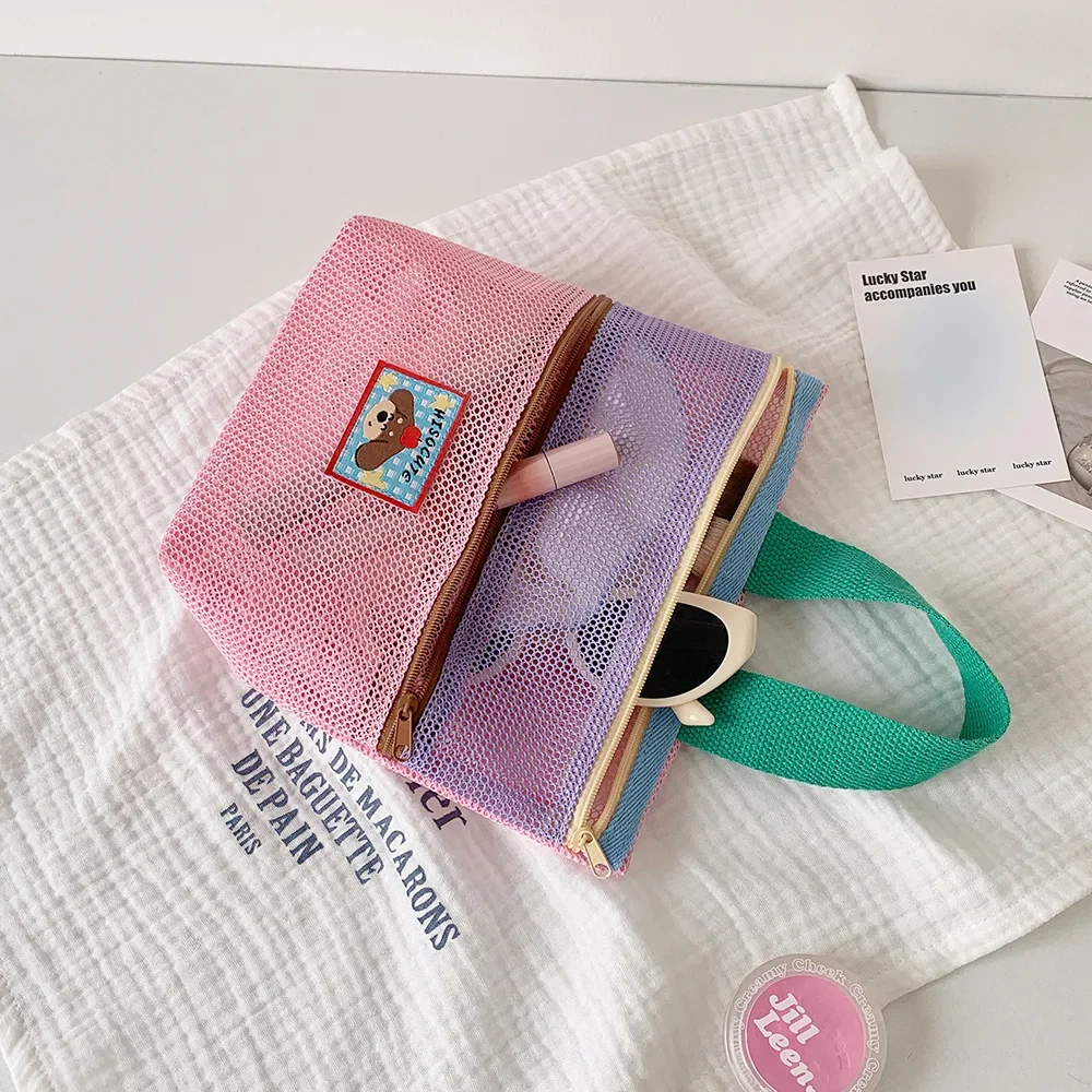 Damen-Kosmetiktasche aus Mesh mit Farbblock-Design, Tragegriff und süßem Applikationsmotiv, kleine Kosmetiktasche für die Aufbewahrung von Reiseutensilien im Alltag – Detail 11