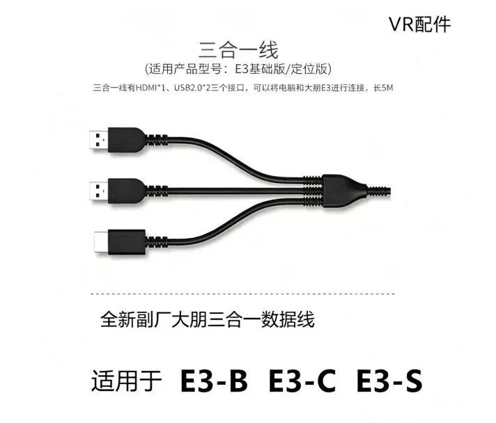 Deepoon DPVR 3-in-1 Link Cable for E3B E3C E3P VR Headset, PC Virtual Reality Data & Power Connection Cord