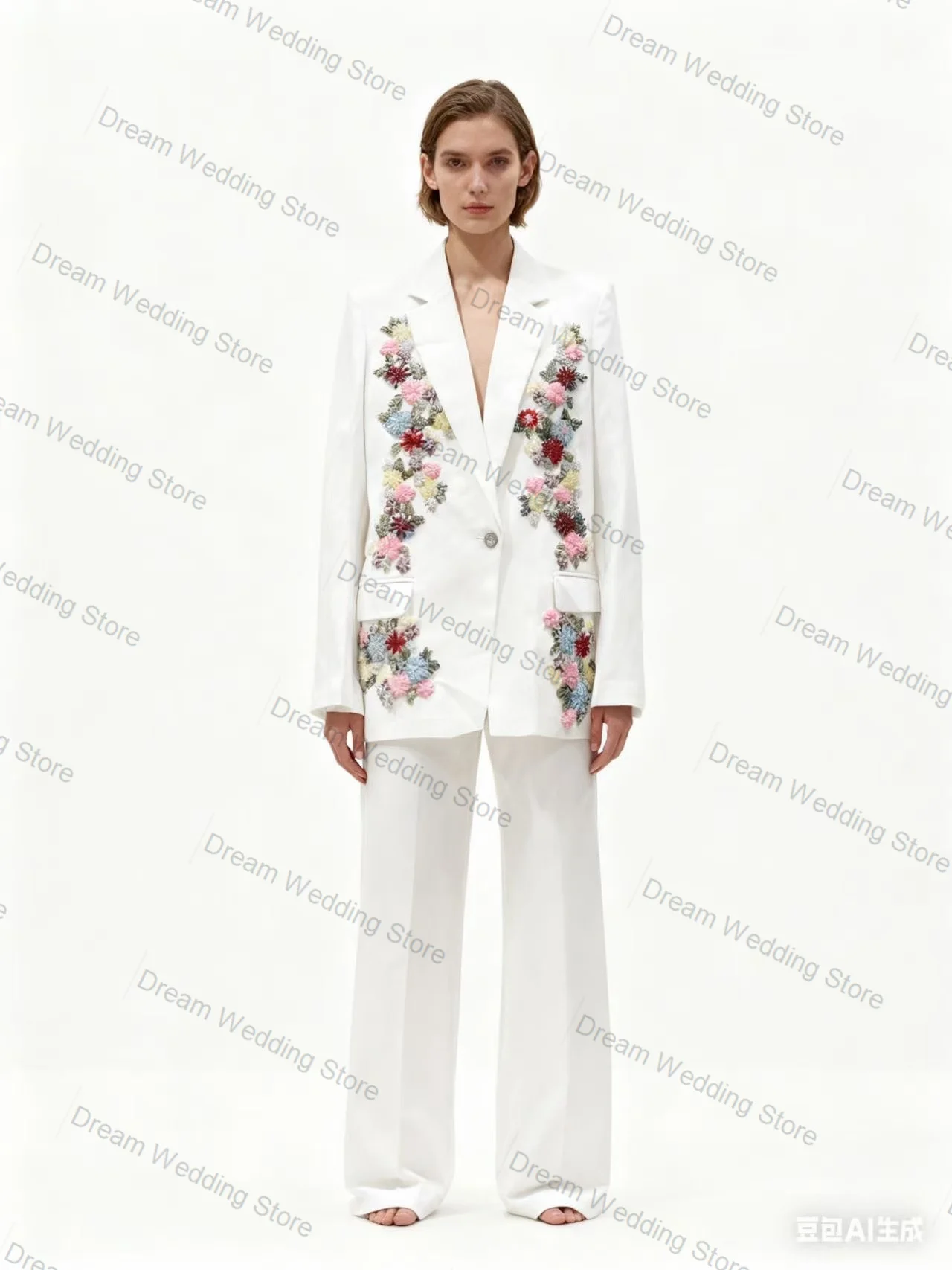 

White Women Suit Pants Set 2 Pcs Blazer+Trousers Luxury Flower Formal Office Lady Jacket Customized Guest Wedding Prom Coat